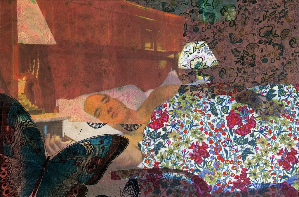 Self Portrait in Oscar Wilde’s Deathbed Paris (on Liberty & butterfly toiles) 2018