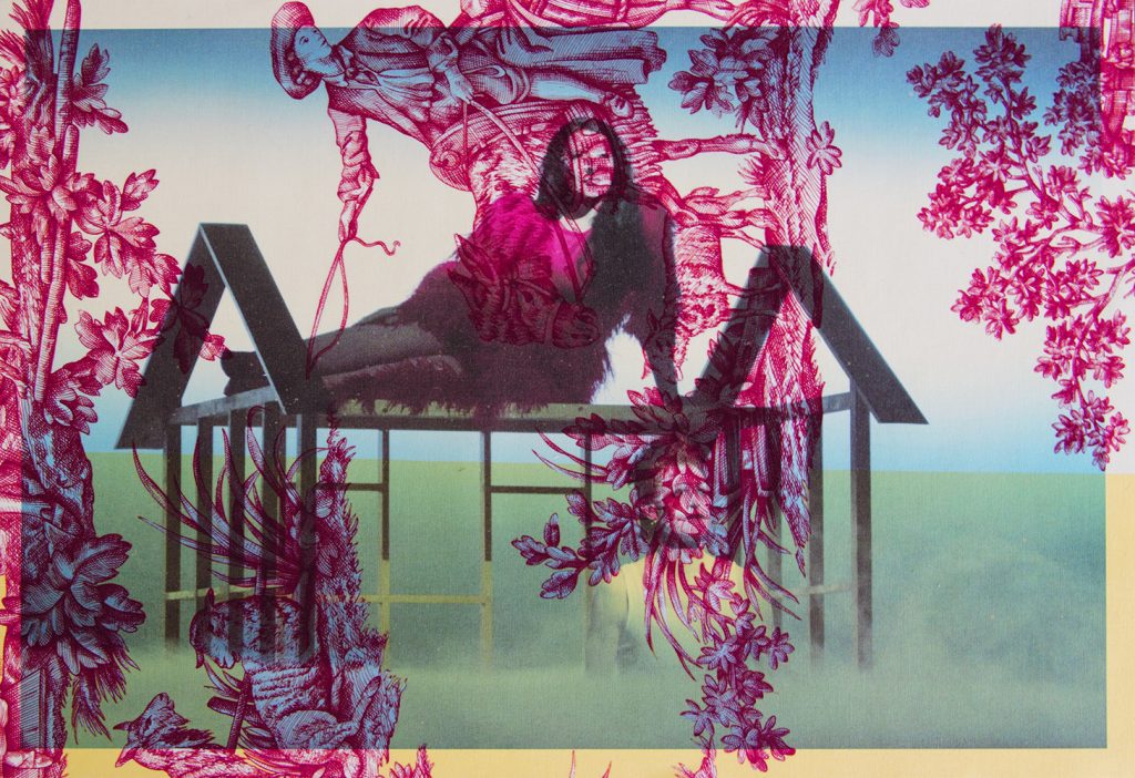 Marina Abramovic and Willem Dafoe Manchester house scene (on red & yellow French toile) 2015