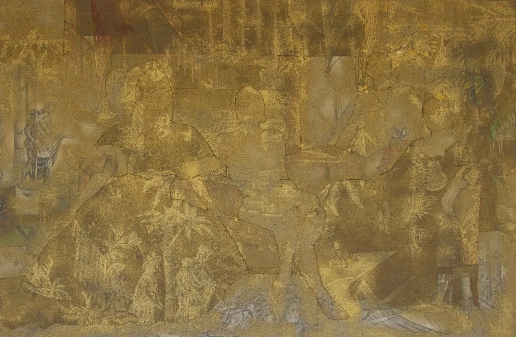 Group portrait obscured by gold spray paint (on blue Indian toile) 2018-20